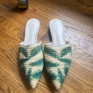 SCHUTZ Green and Cream Patterned Mules